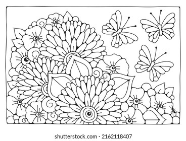 Coloring page with flowers and butterfly. Black and white background for coloring. Art therapy for children and adults.
