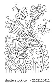 Página de coloreado con flores y mariposa. Fondo blanco y negro para colorear. Terapia de arte para niños y adultos.
