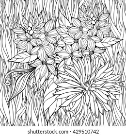 Coloring page with flowers in a grass. Seamless pattern.