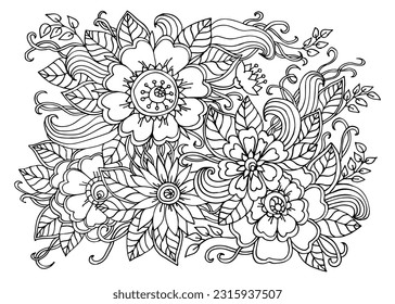 Coloring page with flowers and leaves. Coloring book. Sketch Vector illustration