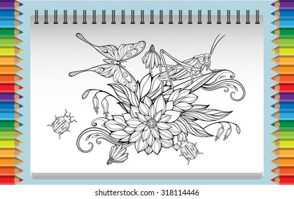 coloring page with flowers, leaves, bug, grasshopper and butterfly