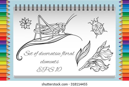 coloring page with flowers, leaves, bug and grasshopper