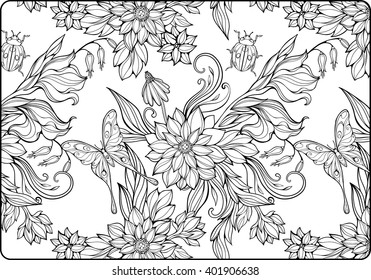 Coloring Page With Flowers, Leaves, Bugs And Butterflies