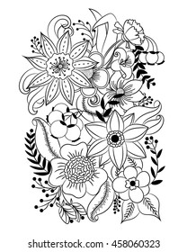 Coloring page with flowers and leaves. Vector pattern black and white illustration can be used for coloring book pages for kids and adults. Hand drawn design for relax and meditation