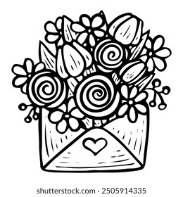 Coloring page flowers in a postal envelope hand drawn. Romantic bouquet of roses and tulips. Buds of flowering plants. Vector doodle illustration. Coloring book for children and adults.