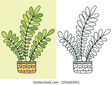 Coloring page with flowers in pot. Linear monochrome and colored version of illustration. Cute home flowers for coloring book.