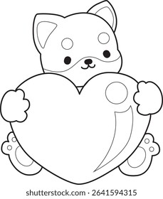 Coloring page of Fluffy Shiba Inu pet stickers. Outline of Happy doggy activities illustrations.outline of shiba inu bring a love sign
