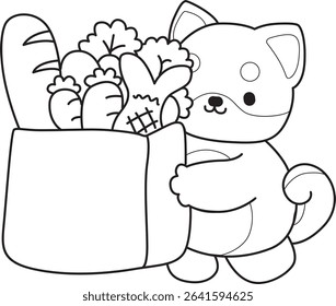 Coloring page of Fluffy Shiba Inu pet stickers. Outline of Happy doggy activities illustrations. outline of shiba inu bring a grocery bag