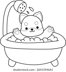 Coloring page of Fluffy Shiba Inu pet stickers. Outline of Happy doggy activities illustrations. outline of shiba inu take a bath