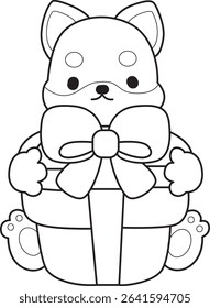 Coloring page of Fluffy Shiba Inu pet stickers. Outline of Happy doggy activities illustrations. outline of shiba inu bring a gift box