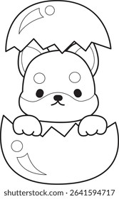 Coloring page of Fluffy Shiba Inu pet stickers. Outline of Happy doggy activities illustrations. outline of shiba inu in the crack of eggs