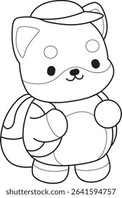 Coloring page of Fluffy Shiba Inu pet stickers. Outline of Happy doggy activities illustrations. outline of shiba inu want to going to school