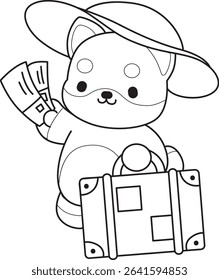 Coloring page of Fluffy Shiba Inu pet stickers. Outline of Happy doggy activities illustrations. outline of shiba inu bring a Travelling bag