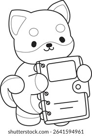 Coloring page of Fluffy Shiba Inu pet stickers. Outline of Happy doggy activities illustrations. outline of shiba inu bring a book