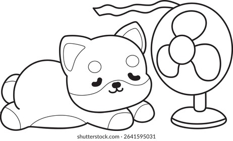 Coloring page of Fluffy Shiba Inu pet stickers. Outline of Happy doggy activities illustrations. outline of shiba inu feel the air from the fan
