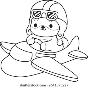 Coloring page of Fluffy Shiba Inu pet stickers. Outline of Happy doggy activities illustrations. outline of shiba inu riding a plane