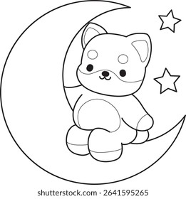 Coloring page of Fluffy Shiba Inu pet stickers. Outline of Happy doggy activities illustrations. outline of shiba inu sit down in the moon 