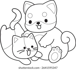 Coloring page of Fluffy Shiba Inu pet stickers. Outline of Happy doggy activities illustrations. outline of shiba inu playing with kitten