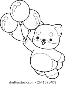 Coloring page of Fluffy Shiba Inu pet stickers. Outline of Happy doggy activities illustrations. outline of shiba inu bring a three of balloons