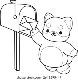 Coloring page of Fluffy Shiba Inu pet stickers. Outline of Happy doggy activities illustrations. outline of shiba inu sending a message by mail box