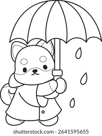 Coloring page of Fluffy Shiba Inu pet stickers. Outline of Happy doggy activities illustrations. outline of shiba inu bring an umbrella

