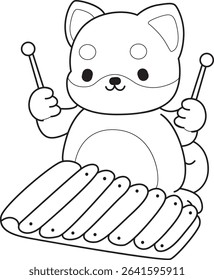 Coloring page of Fluffy Shiba Inu pet stickers. Outline of Happy doggy activities illustrations. outline of shiba inu playing a xylophone