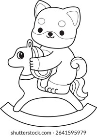 Coloring page of Fluffy Shiba Inu pet stickers. Outline of Happy doggy activities illustrations. outline of shiba inu playing a Rocky horse