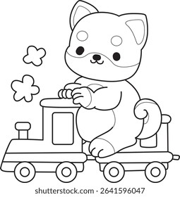Coloring page of Fluffy Shiba Inu pet stickers. Outline of Happy doggy activities illustrations. outline of shiba inu playing a train