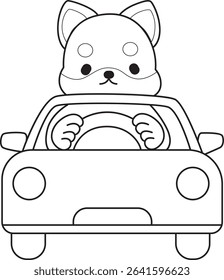 Coloring page of Fluffy Shiba Inu pet stickers. Outline of Happy doggy activities illustrations. outline of shiba inu driving a car