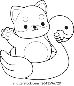 Coloring page of Fluffy Shiba Inu pet stickers. Outline of Happy doggy activities illustrations. outline of shiba inu stuck in the flamingo tire