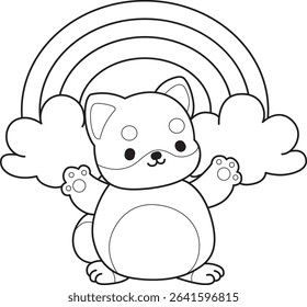 Coloring page of Fluffy Shiba Inu pet stickers. Outline of Happy doggy activities illustrations. outline of shiba inu in front of the rainbow