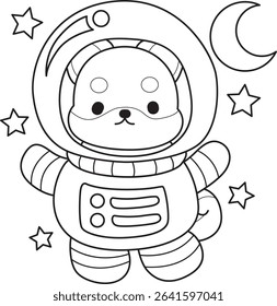 Coloring page of Fluffy Shiba Inu pet stickers. Outline of Happy doggy activities illustrations. outline of shiba inu wearing an astronaut costume