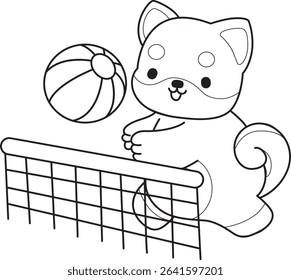 Coloring page of Fluffy Shiba Inu pet stickers. Outline of Happy doggy activities illustrations. outline of shiba inu playing a volley ball
