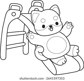 Coloring page of Fluffy Shiba Inu pet stickers. Outline of Happy doggy activities illustrations. outline of shiba inu playing a sliding