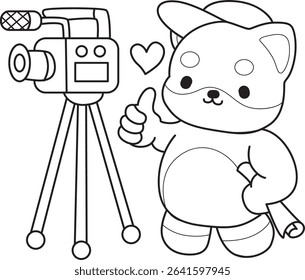 Coloring page of Fluffy Shiba Inu pet stickers. Outline of Happy doggy activities illustrations. outline of shiba inu making video with camera
