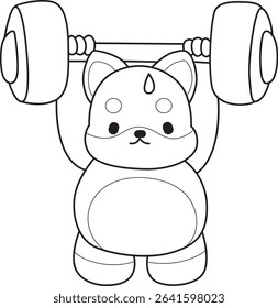 Coloring page of Fluffy Shiba Inu pet stickers. Outline of Happy doggy activities illustrations. outline of shiba inu lifting a dumbbell