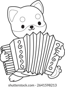 Coloring page of Fluffy Shiba Inu pet stickers. Outline of Happy doggy activities illustrations. outline of shiba inu playing an accordion