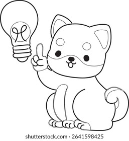 Coloring page of Fluffy Shiba Inu pet stickers. Outline of Happy doggy activities illustrations. outline of shiba inu have an idea