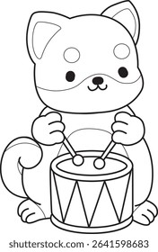 Coloring page of Fluffy Shiba Inu pet stickers. Outline of Happy doggy activities illustrations. outline of shiba inu playing a drum in the festival
