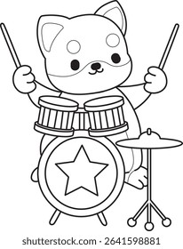 Coloring page of Fluffy Shiba Inu pet stickers. Outline of Happy doggy activities illustrations. outline of shiba inu playing a drum in the band