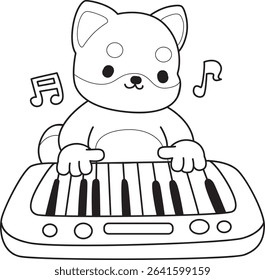 Coloring page of Fluffy Shiba Inu pet stickers. Outline of Happy doggy activities illustrations. outline of shiba inu playing a piano