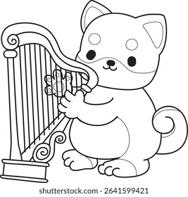 Coloring page of Fluffy Shiba Inu pet stickers. Outline of Happy doggy activities illustrations. outline of shiba inu playing a harpa