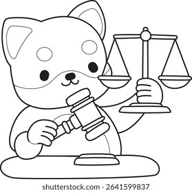 Coloring page of Fluffy Shiba Inu pet stickers. Outline of Happy doggy activities illustrations. outline of shiba inu bring a hammer and scales
