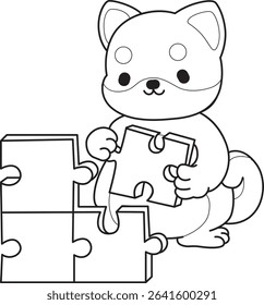 Coloring page of Fluffy Shiba Inu pet stickers. Outline of Happy doggy activities illustrations. outline of shiba inu playing a puzzle
