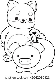 Coloring page of Fluffy Shiba Inu pet stickers. Outline of Happy doggy activities illustrations. outline of shiba inu savings money in the Piggy bank