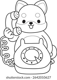 Coloring page of Fluffy Shiba Inu pet stickers. Outline of Happy doggy activities illustrations. outline of shiba inu calling someone in the telephone