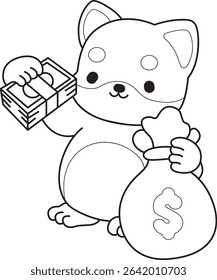 Coloring page of Fluffy Shiba Inu pet stickers. Outline of Happy doggy activities illustrations. outline of shiba inu bring a lot of money