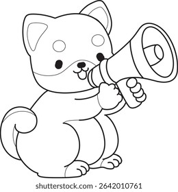 Coloring page of Fluffy Shiba Inu pet stickers. Outline of Happy doggy activities illustrations. outline of shiba inu bring a megaphone