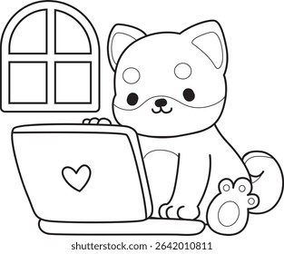 Coloring page of Fluffy Shiba Inu pet stickers. Outline of Happy doggy activities illustrations. outline of shiba inu typing in the notepad