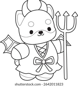 Coloring page of Fluffy Shiba Inu pet stickers. Outline of Happy doggy activities illustrations. outline of shiba inu wearing a red devil costume